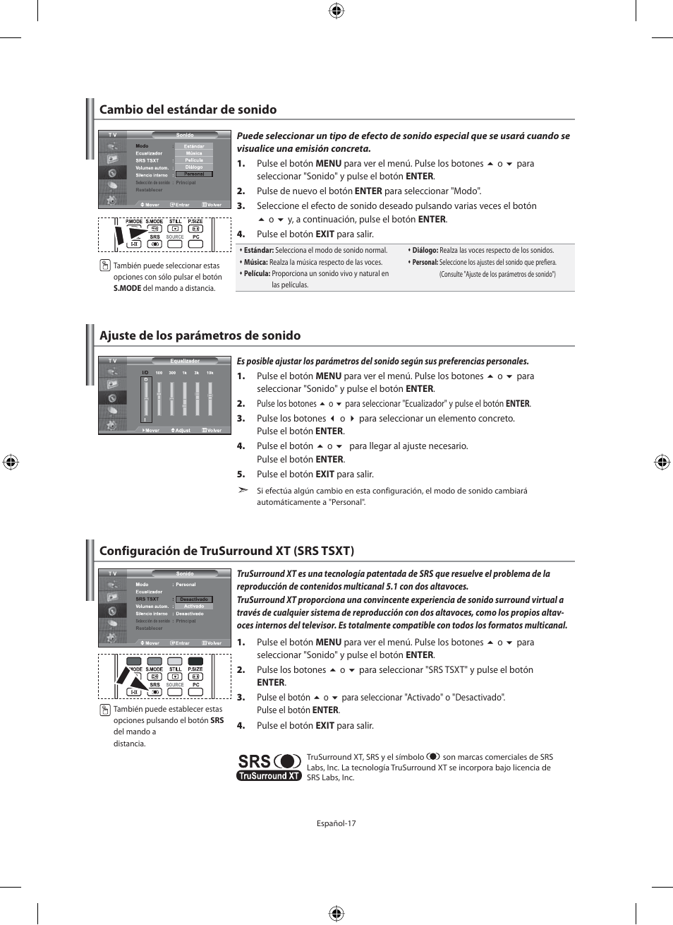 Cambio del estándar de sonido, Ajuste de los parámetros de sonido, Configuración de trusurround xt (srs tsxt) | Samsung LE46N71B User Manual | Page 195 / 313