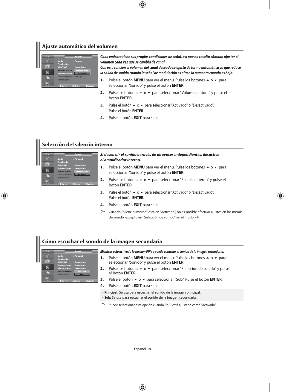 Ajuste automático del volumen, Selección del silencio interno, Cómo escuchar el sonido de la imagen secundaria | Samsung LE46N71B User Manual | Page 196 / 313