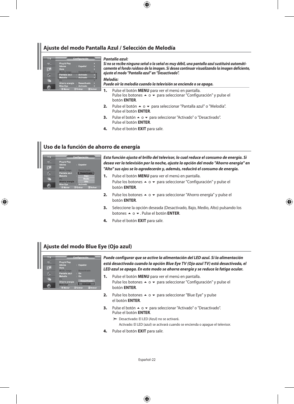 Uso de la función de ahorro de energía, Ajuste del modo blue eye (ojo azul) | Samsung LE46N71B User Manual | Page 200 / 313