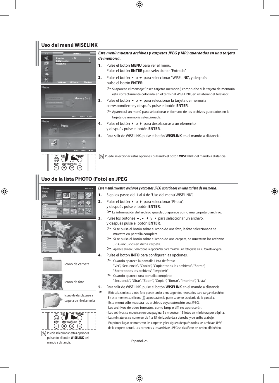 Uso del menú wiselink, Uso de la lista photo (foto) en jpeg | Samsung LE46N71B User Manual | Page 203 / 313