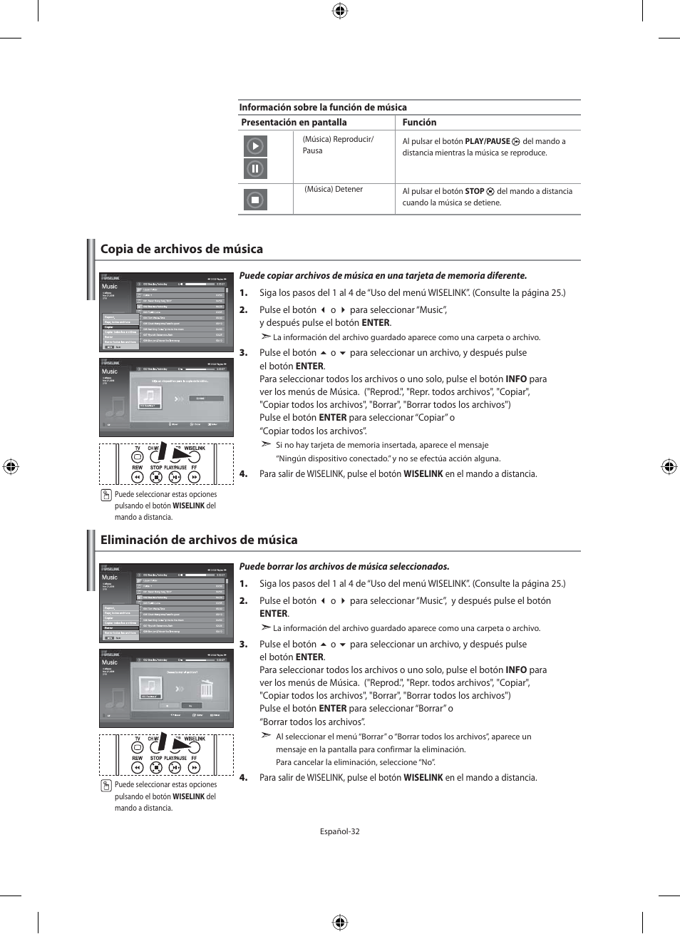 Copia de archivos de música, Eliminación de archivos de música | Samsung LE46N71B User Manual | Page 210 / 313