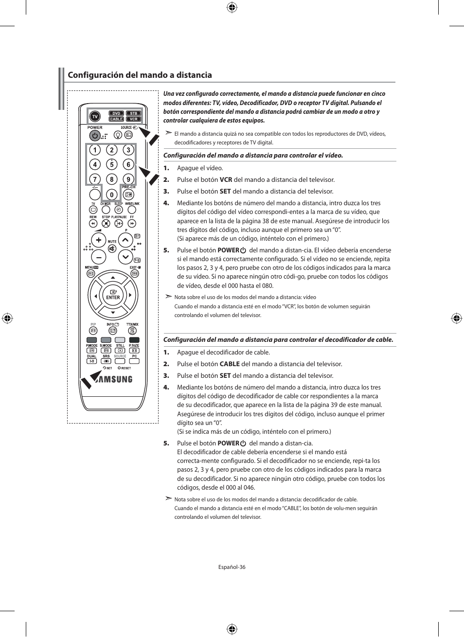 Configuración del mando a distancia | Samsung LE46N71B User Manual | Page 214 / 313