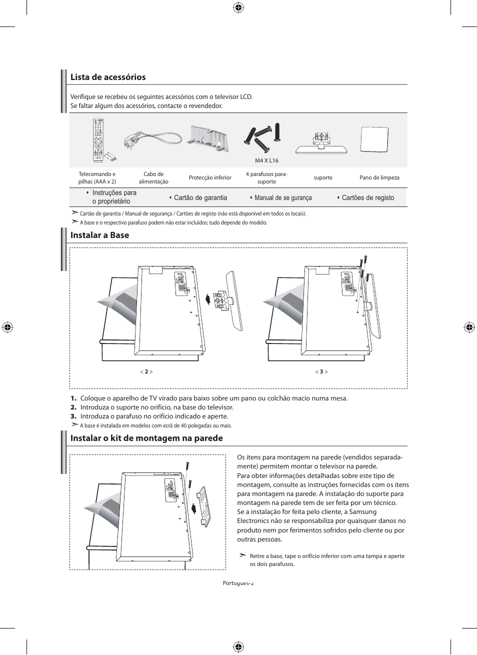 Lista de acessórios, Instalar a base, Instalar o kit de montagem na parede | Samsung LE46N71B User Manual | Page 224 / 313