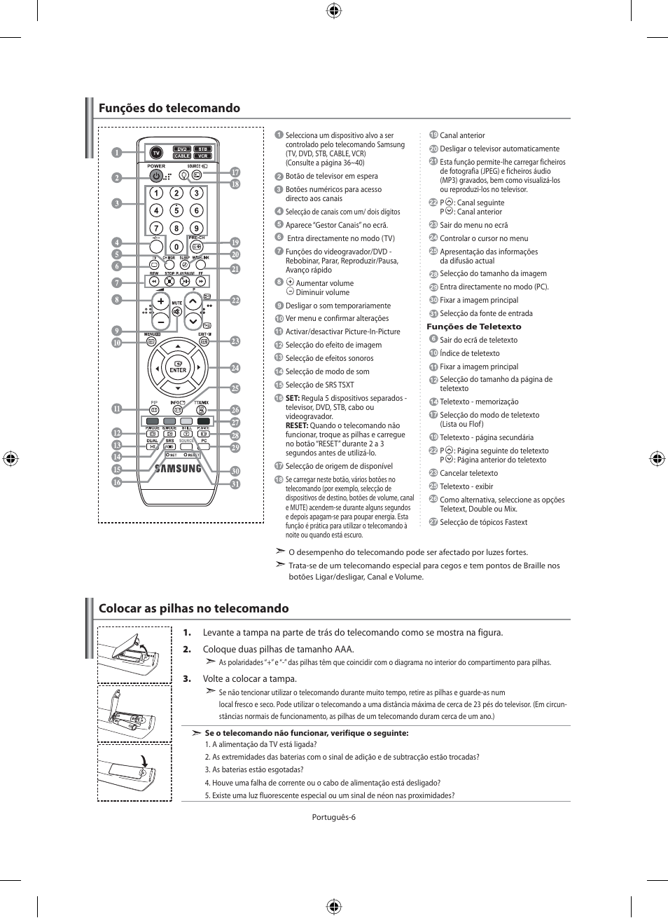 Colocar as pilhas no telecomando, Funções do telecomando | Samsung LE46N71B User Manual | Page 228 / 313