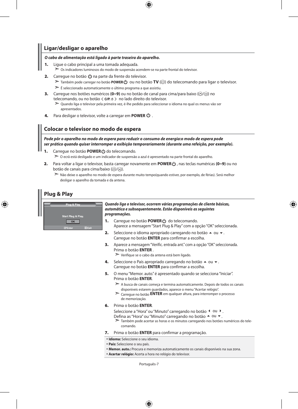 Ligar/desligar o aparelho, Colocar o televisor no modo de espera, Plug & play | Samsung LE46N71B User Manual | Page 229 / 313