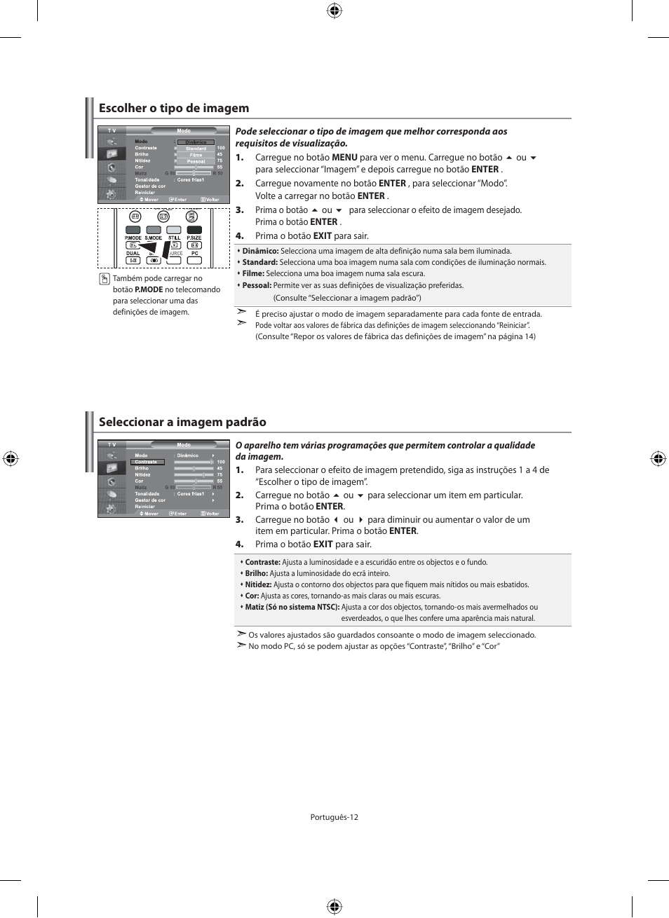 Escolher o tipo de imagem, Seleccionar a imagem padrão | Samsung LE46N71B User Manual | Page 234 / 313