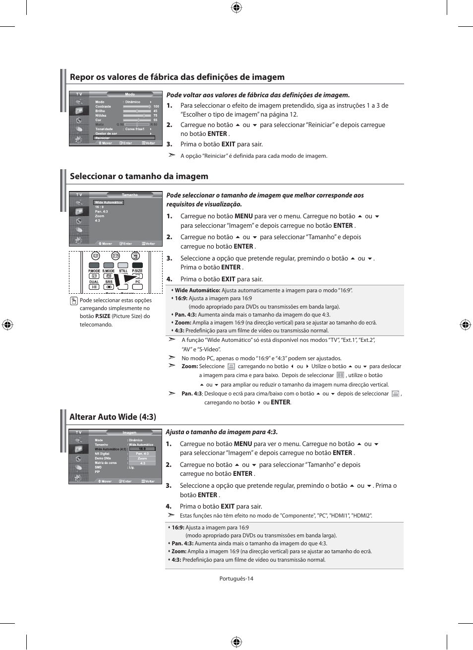 Seleccionar o tamanho da imagem, Alterar auto wide (4:3) | Samsung LE46N71B User Manual | Page 236 / 313