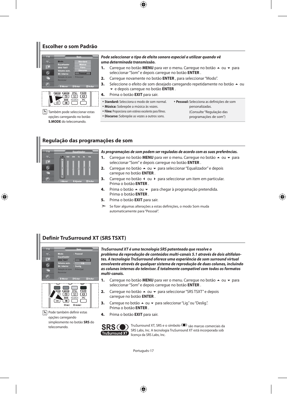Escolher o som padrão, Regulação das programações de som, Definir trusurround xt (srs tsxt) | Samsung LE46N71B User Manual | Page 239 / 313