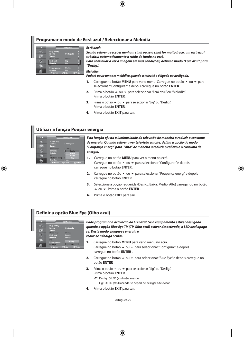 Utilizar a função poupar energia, Definir a opção blue eye (olho azul) | Samsung LE46N71B User Manual | Page 244 / 313