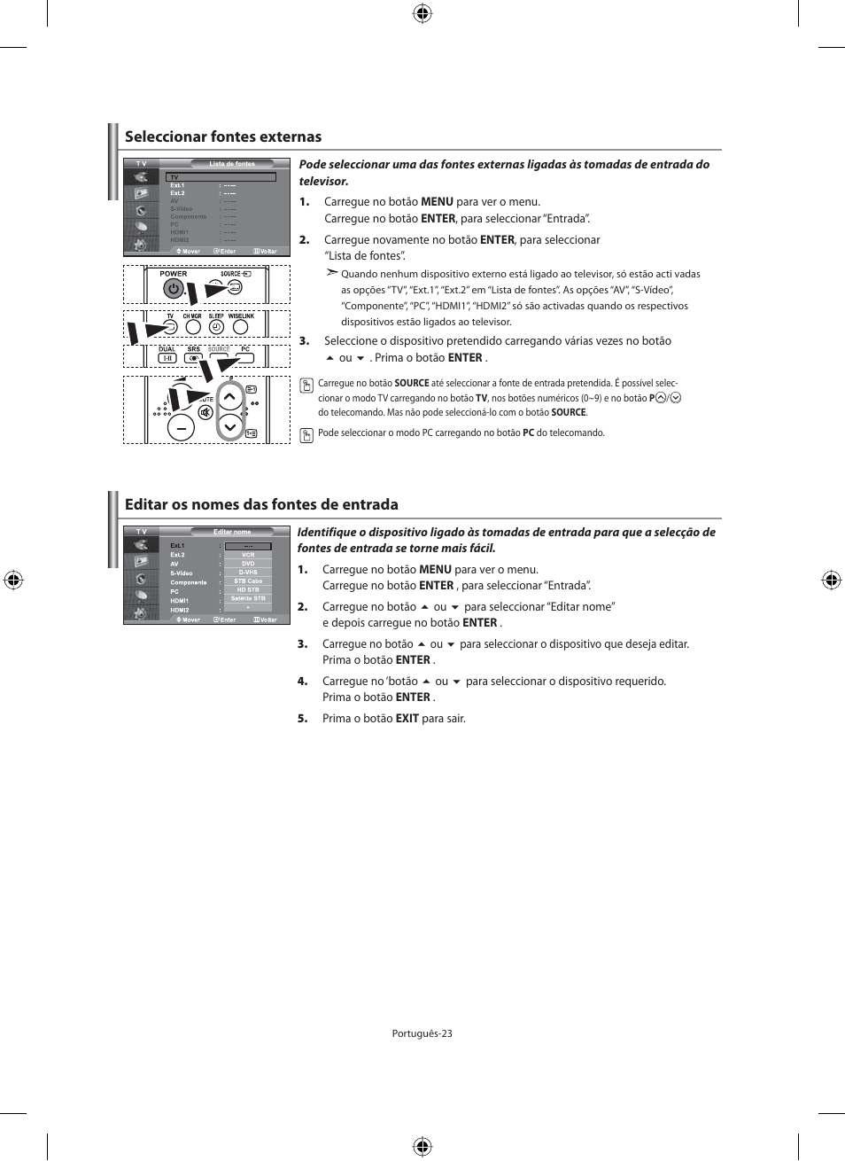 Seleccionar fontes externas, Editar os nomes das fontes de entrada | Samsung LE46N71B User Manual | Page 245 / 313