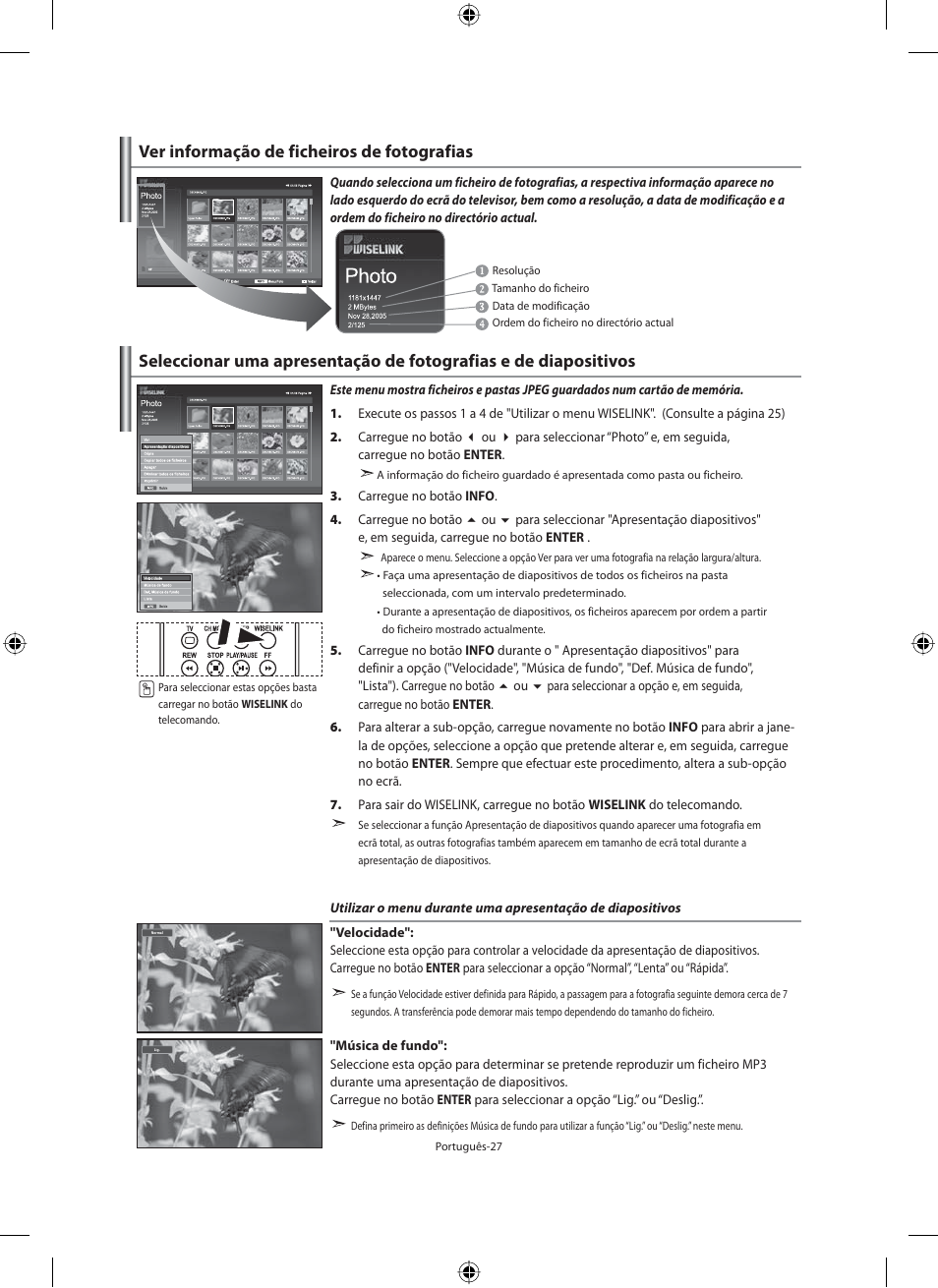 Ver informação de ficheiros de fotografias | Samsung LE46N71B User Manual | Page 249 / 313