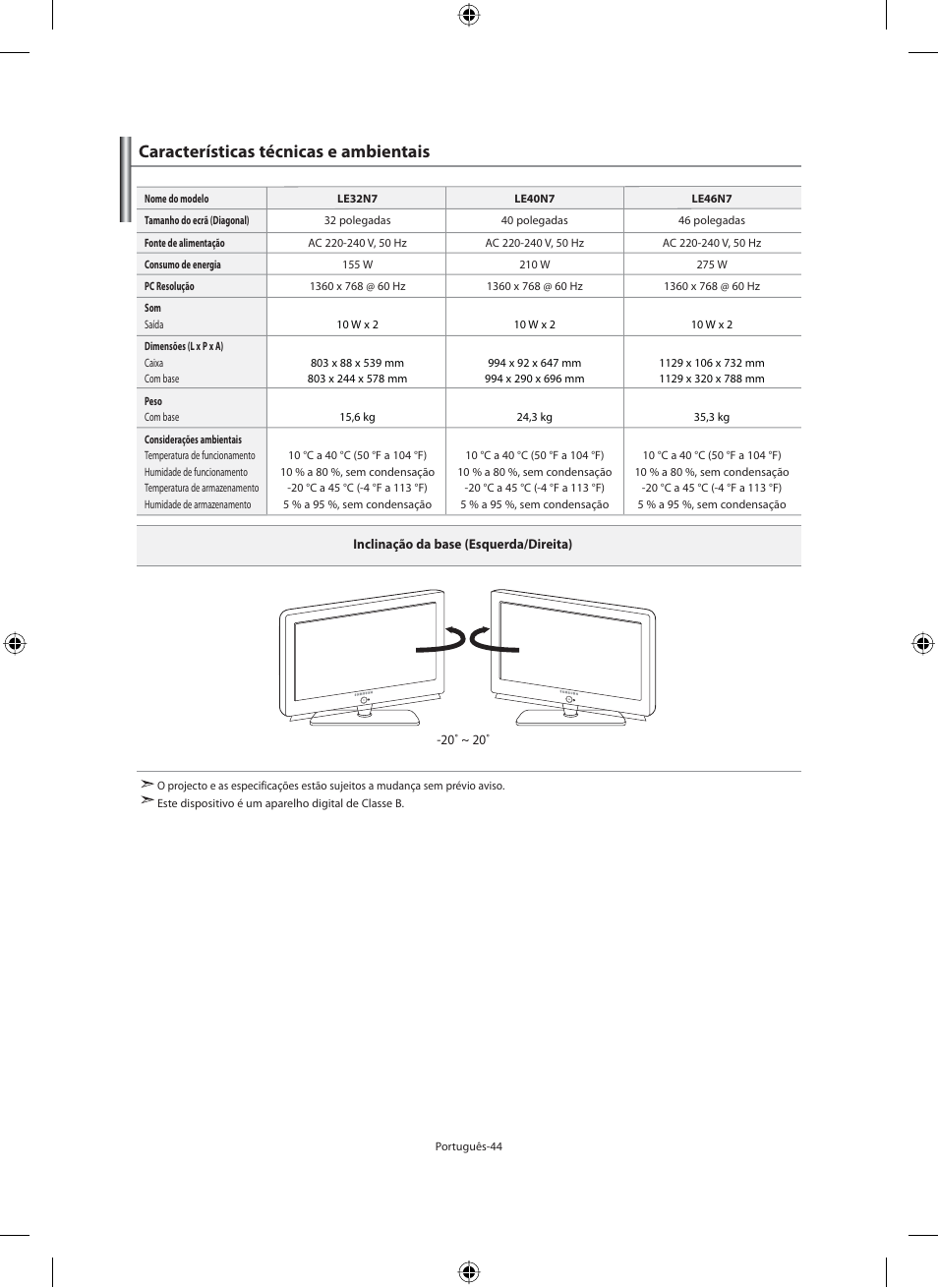 Características técnicas e ambientais | Samsung LE46N71B User Manual | Page 266 / 313