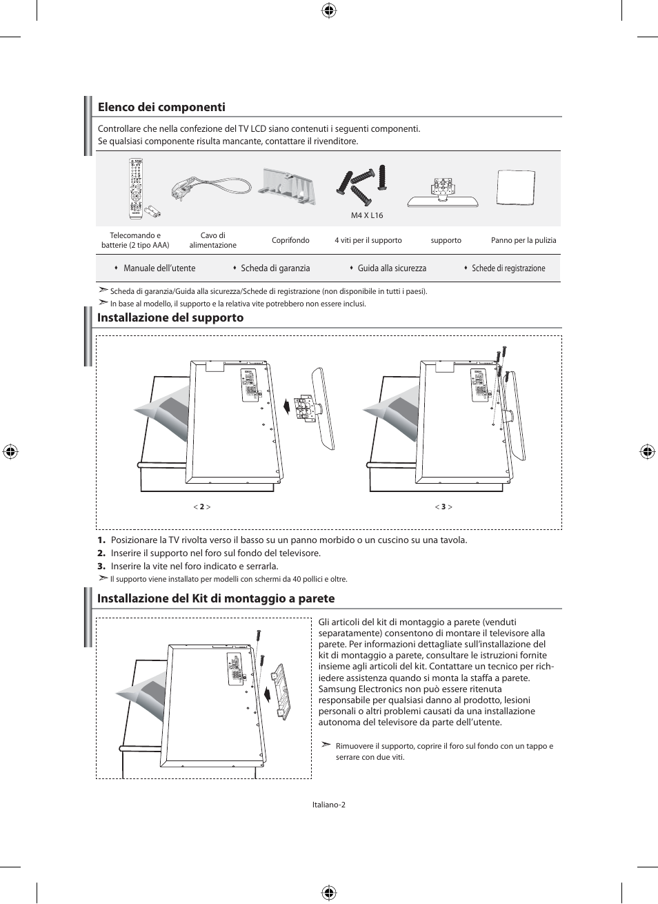 Elenco dei componenti, Installazione del supporto, Installazione del kit di montaggio a parete | Samsung LE46N71B User Manual | Page 268 / 313