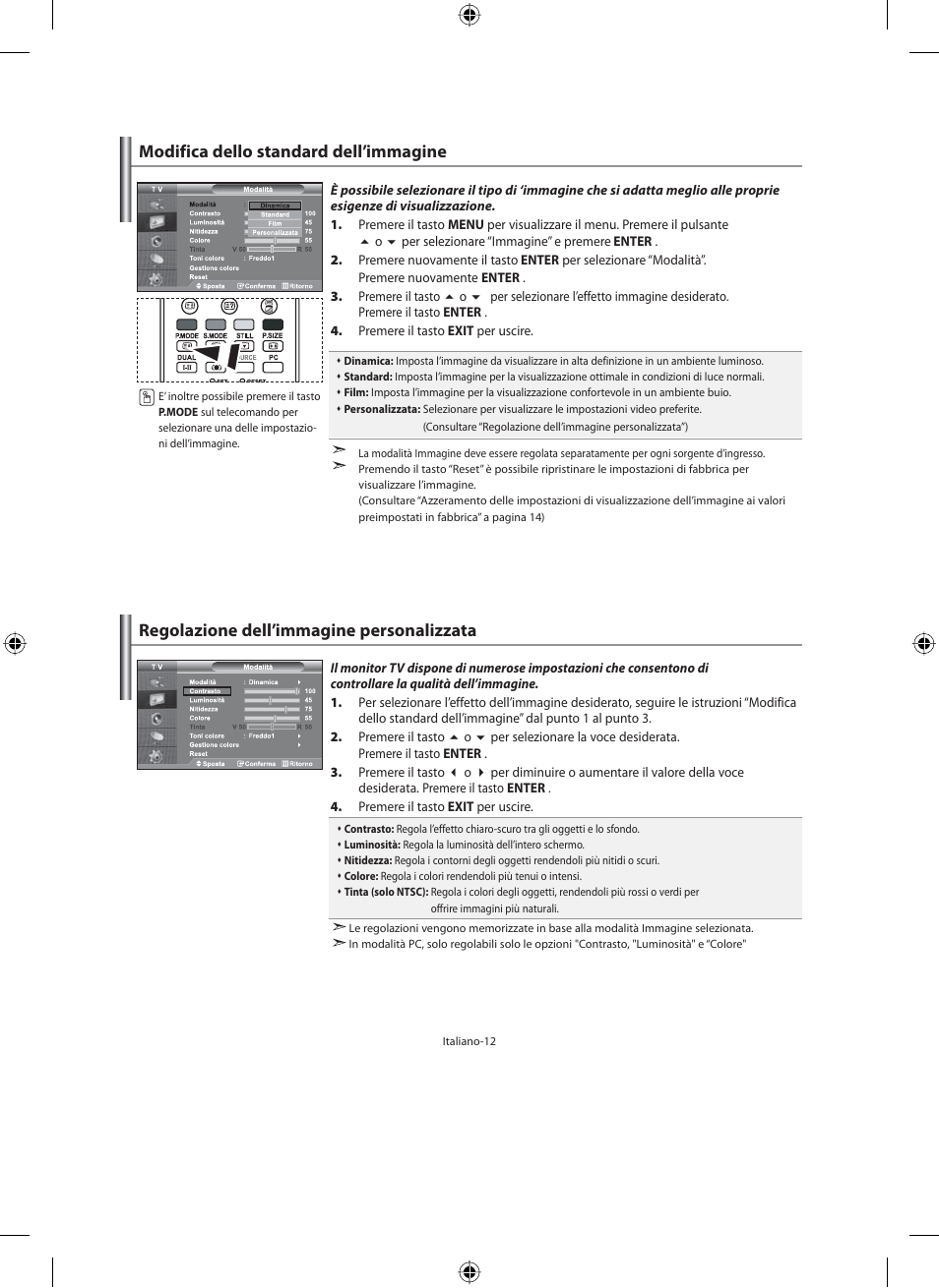 Modifica dello standard dell’immagine, Regolazione dell’immagine personalizzata | Samsung LE46N71B User Manual | Page 278 / 313