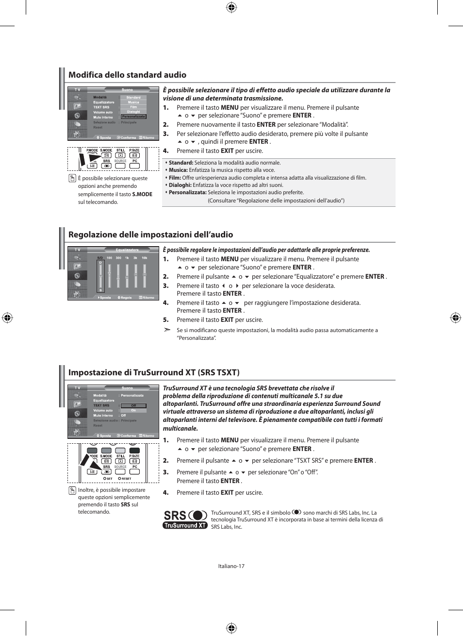 Modifica dello standard audio, Regolazione delle impostazioni dell’audio, Impostazione di trusurround xt (srs tsxt) | Samsung LE46N71B User Manual | Page 283 / 313