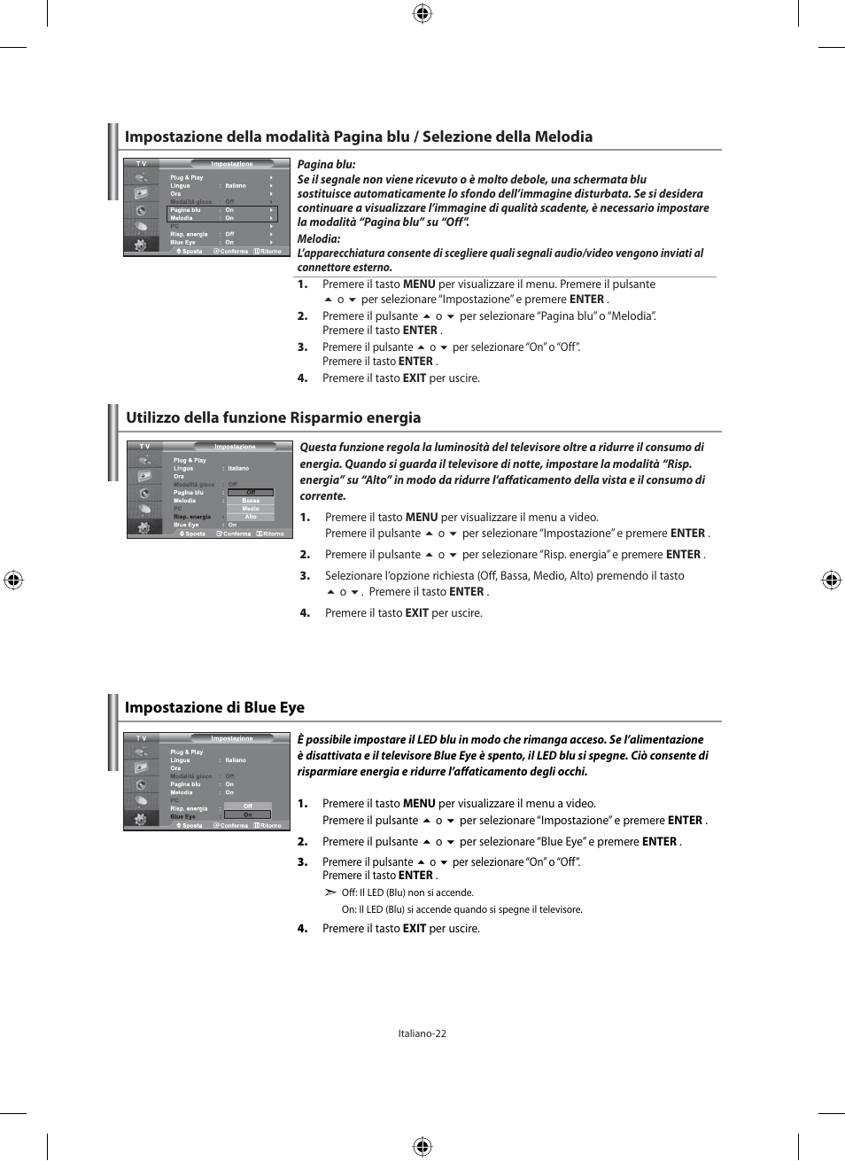 Utilizzo della funzione risparmio energia, Impostazione di blue eye | Samsung LE46N71B User Manual | Page 288 / 313