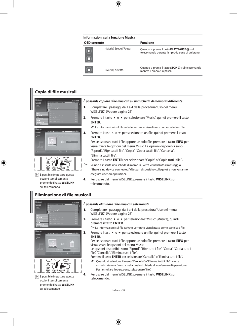 Copia di file musicali, Eliminazione di file musicali | Samsung LE46N71B User Manual | Page 298 / 313