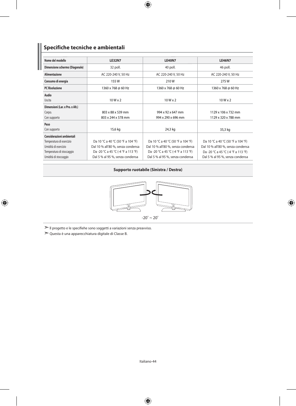 Specifiche tecniche e ambientali | Samsung LE46N71B User Manual | Page 310 / 313