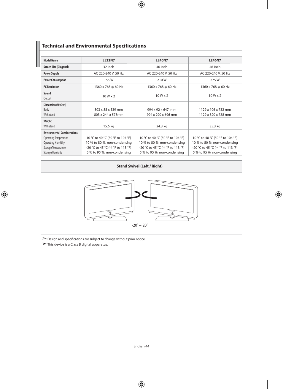 Technical and environmental specifications | Samsung LE46N71B User Manual | Page 46 / 313