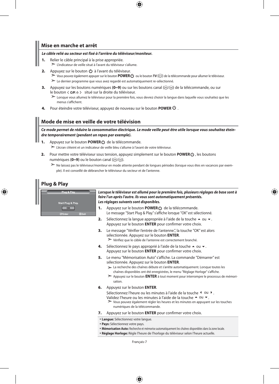 Mise en marche et arrêt, Mode de mise en veille de votre télévision, Plug & play | Samsung LE46N71B User Manual | Page 53 / 313