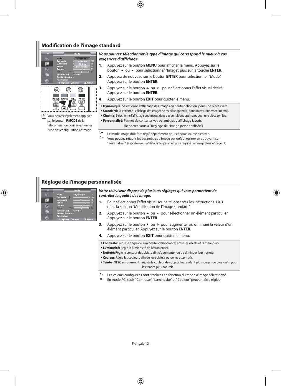Modification de l’image standard, Réglage de l’image personnalisée | Samsung LE46N71B User Manual | Page 58 / 313