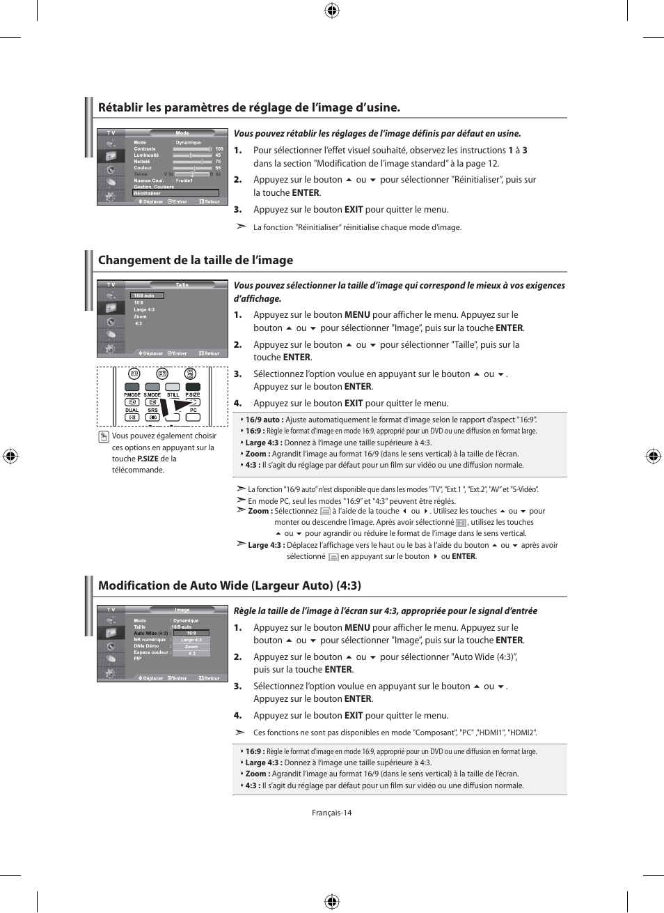 Changement de la taille de l’image, Modification de auto wide (largeur auto) (4:3) | Samsung LE46N71B User Manual | Page 60 / 313