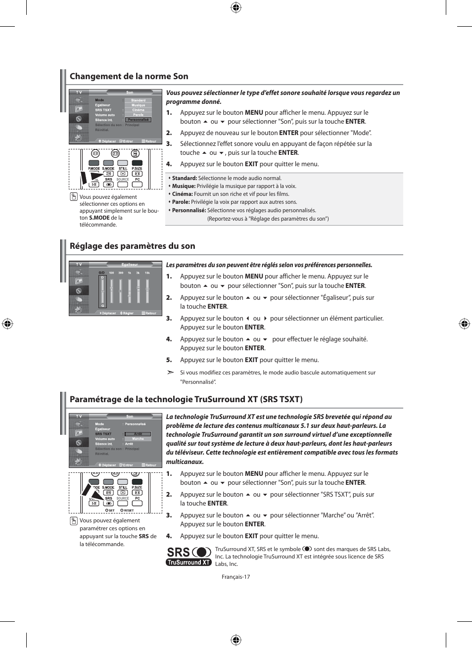 Changement de la norme son, Réglage des paramètres du son | Samsung LE46N71B User Manual | Page 63 / 313