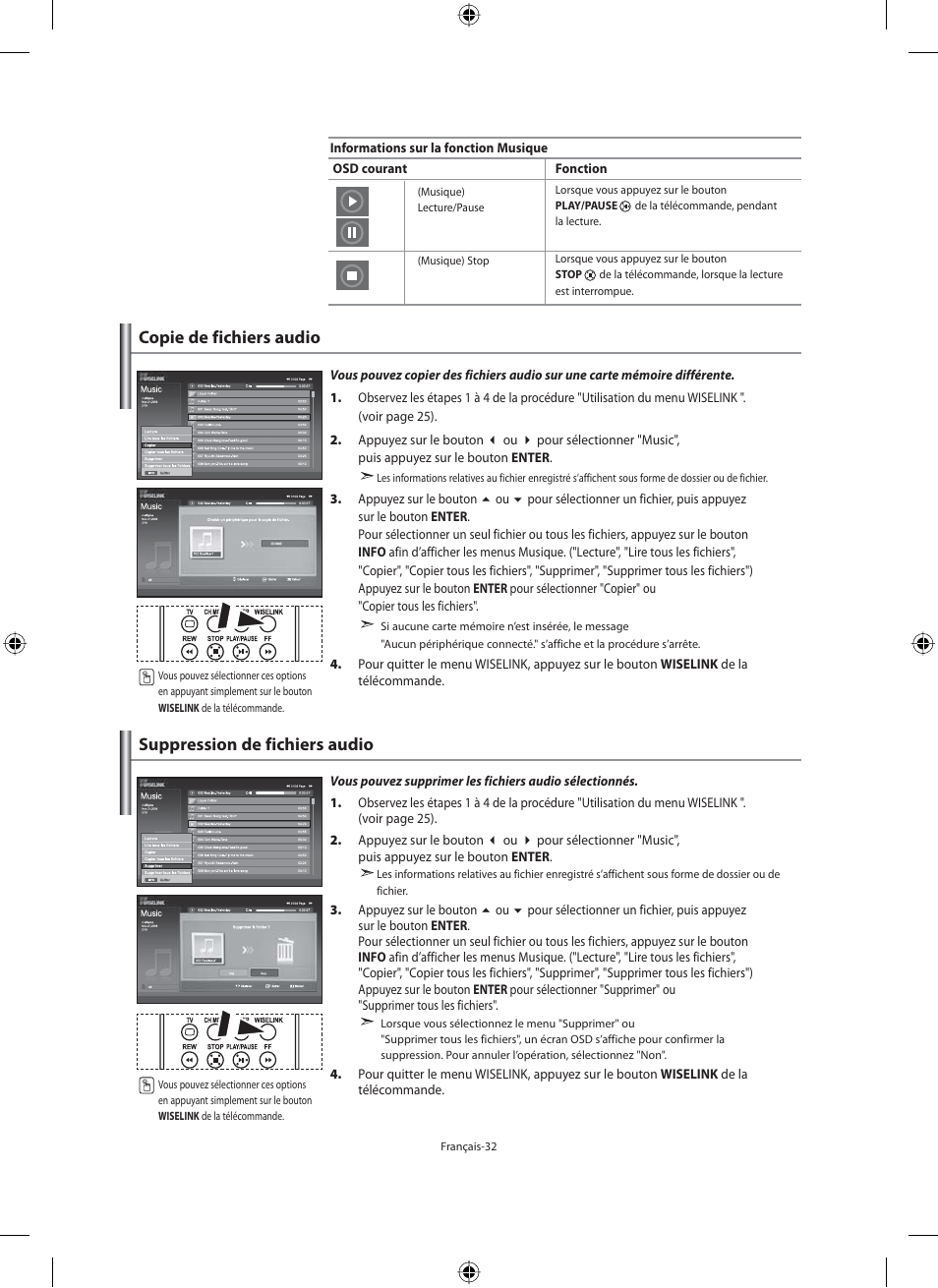 Copie de fichiers audio, Suppression de fichiers audio | Samsung LE46N71B User Manual | Page 78 / 313