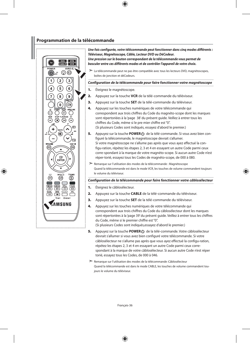Programmation de la télécommande | Samsung LE46N71B User Manual | Page 82 / 313