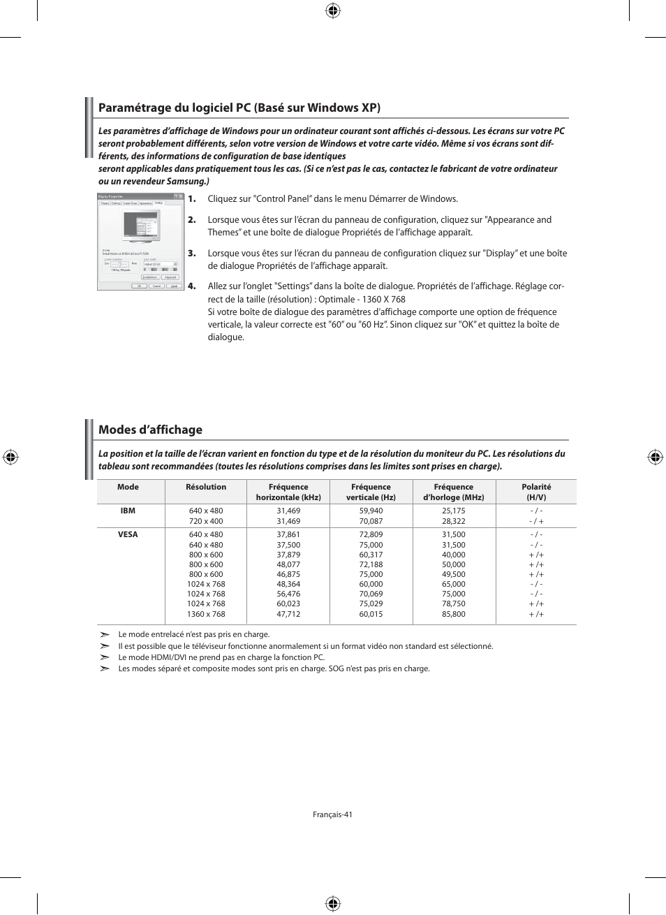 Paramétrage du logiciel pc (basé sur windows xp), Modes d’affichage | Samsung LE46N71B User Manual | Page 87 / 313