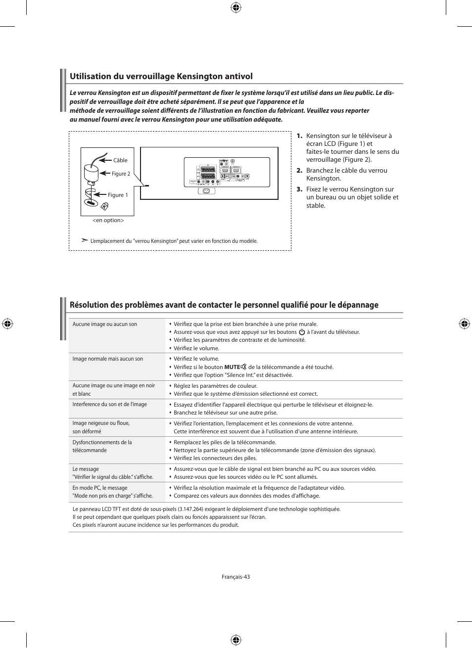Utilisation du verrouillage kensington antivol | Samsung LE46N71B User Manual | Page 89 / 313