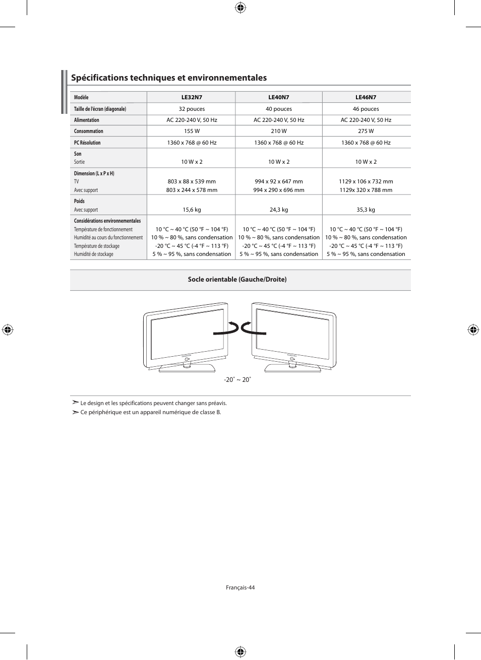 Spécifications techniques et environnementales | Samsung LE46N71B User Manual | Page 90 / 313