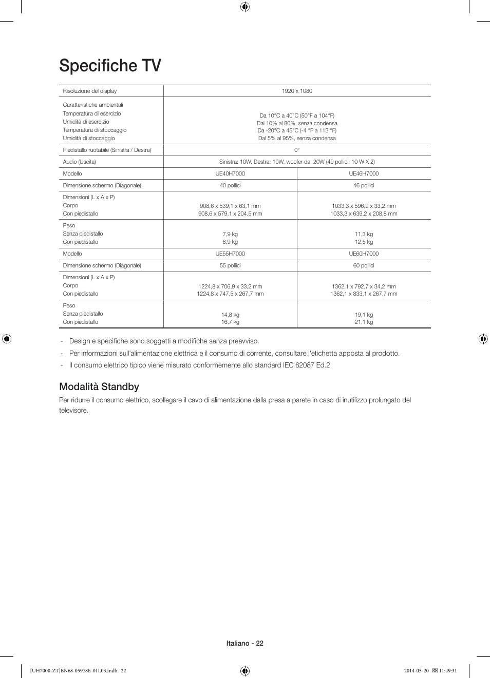 Specifiche tv, Modalità standby | Samsung UE46H7000SZ User Manual | Page 44 / 69