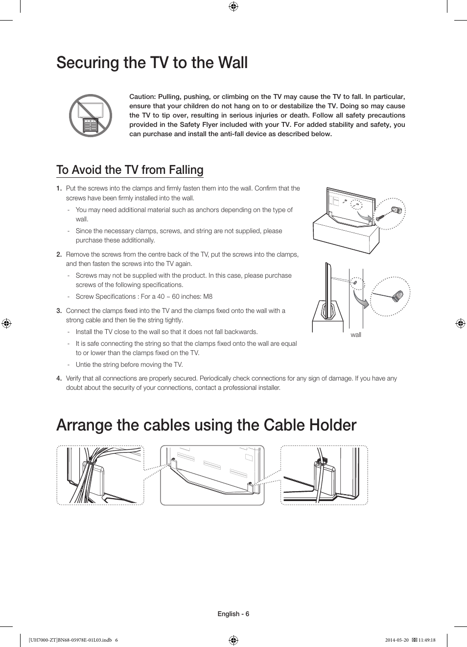 Securing the tv to the wall, Arrange the cables using the cable holder | Samsung UE46H7000SZ User Manual | Page 6 / 69