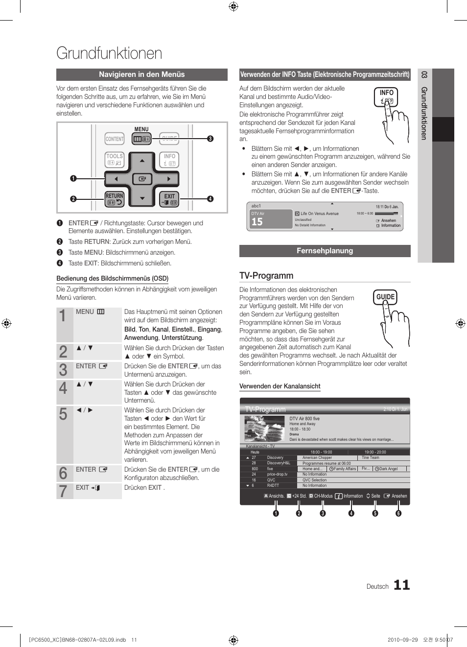 Grundfunktionen, Tv-programm | Samsung PS50C6500TW User Manual | Page 121 / 499