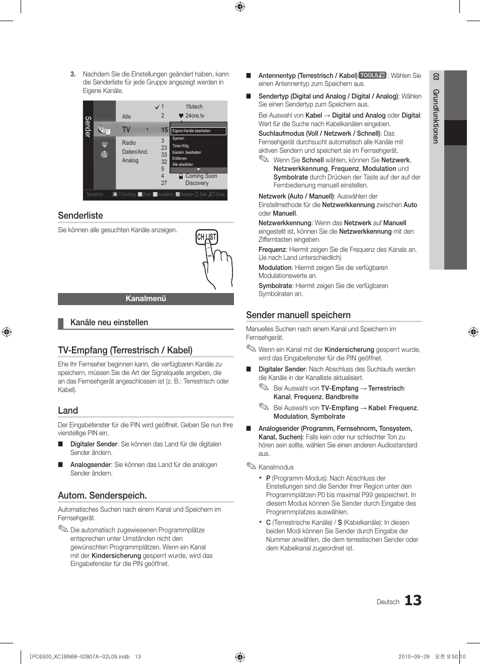 Senderliste, Tv-empfang (terrestrisch / kabel), Land | Autom. senderspeich, Sender manuell speichern | Samsung PS50C6500TW User Manual | Page 123 / 499