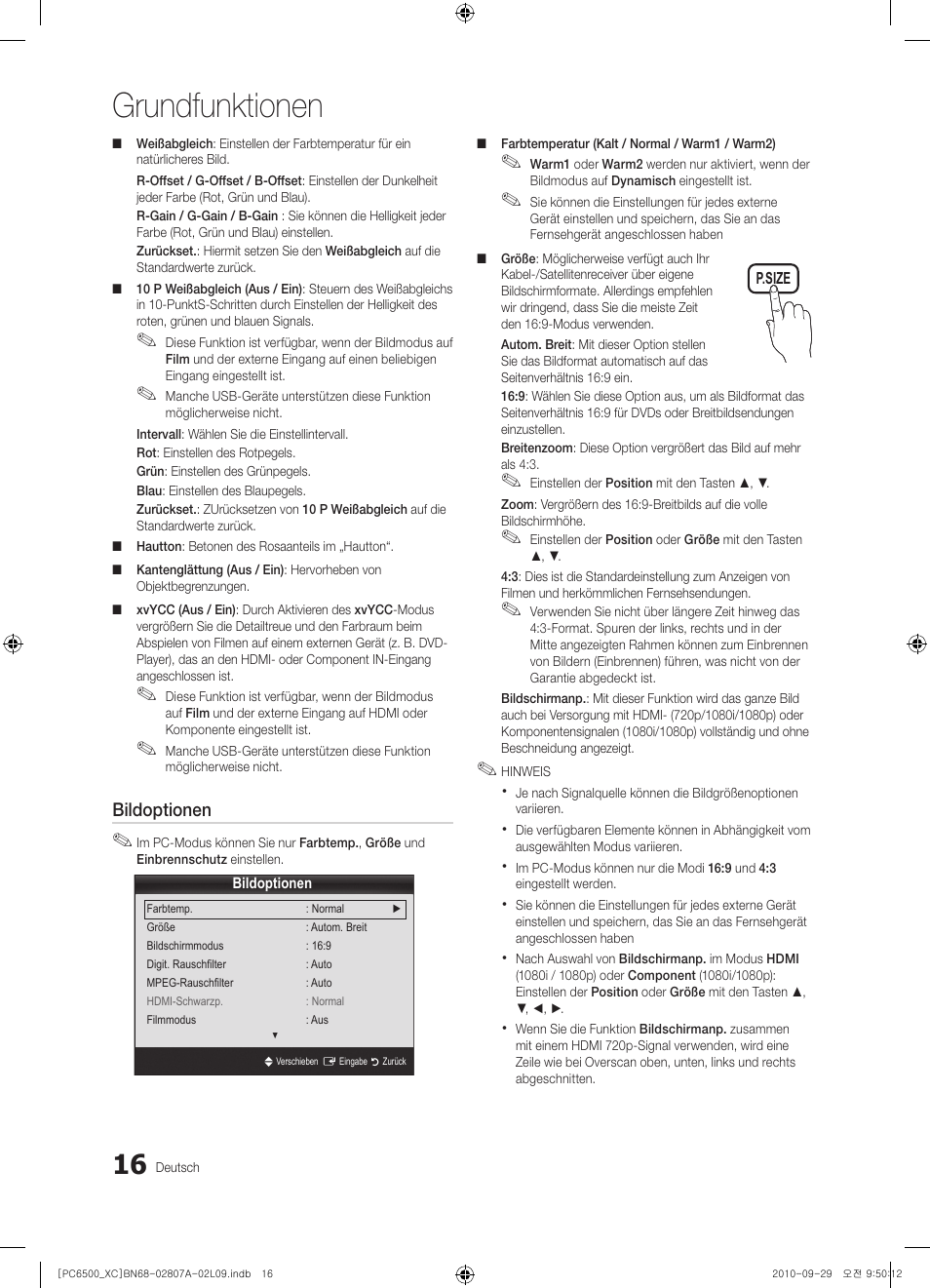 Grundfunktionen | Samsung PS50C6500TW User Manual | Page 126 / 499