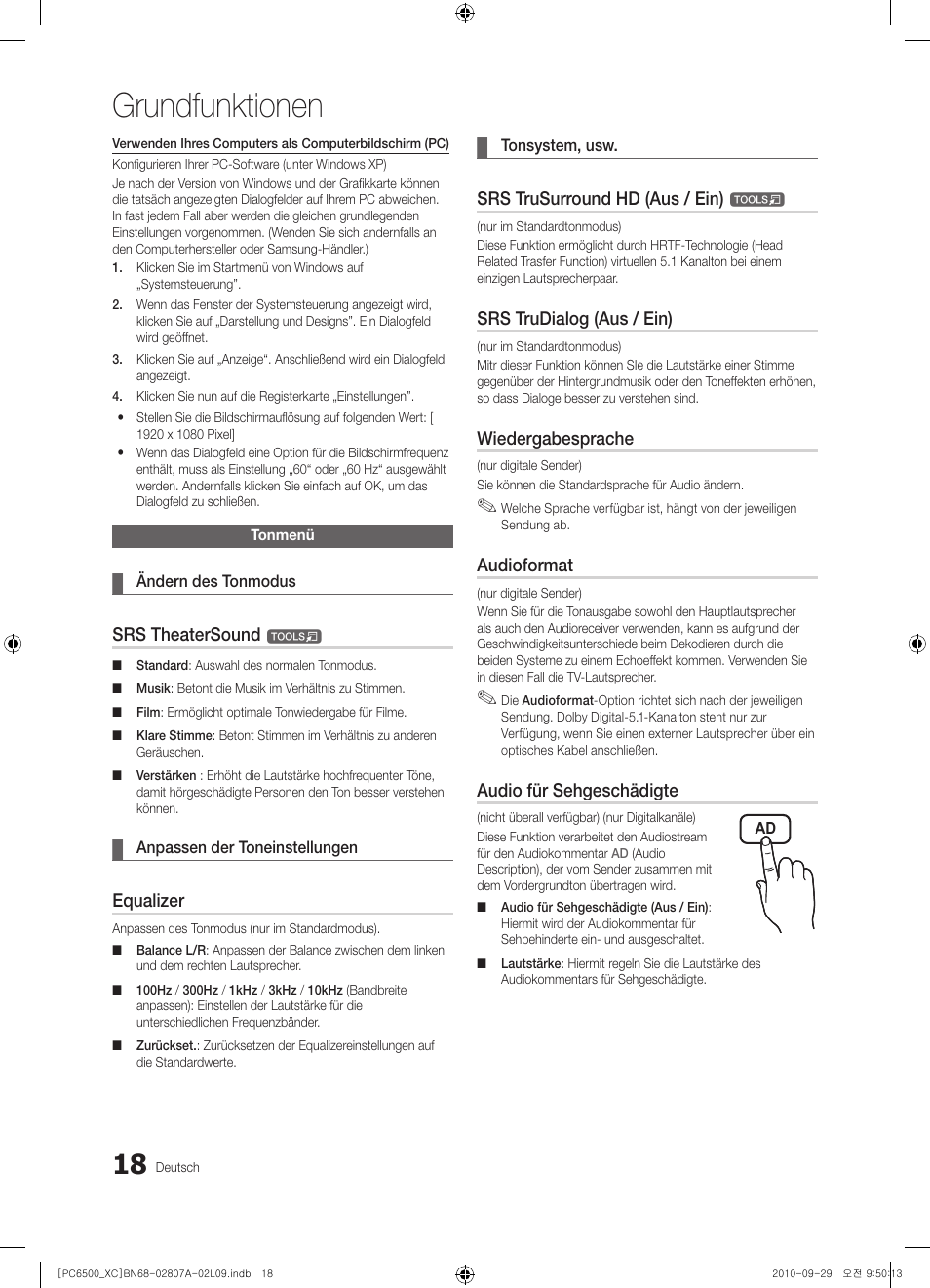 Grundfunktionen, Srs theatersound, Equalizer | Srs trusurround hd (aus / ein), Srs trudialog (aus / ein), Wiedergabesprache, Audioformat, Audio für sehgeschädigte | Samsung PS50C6500TW User Manual | Page 128 / 499