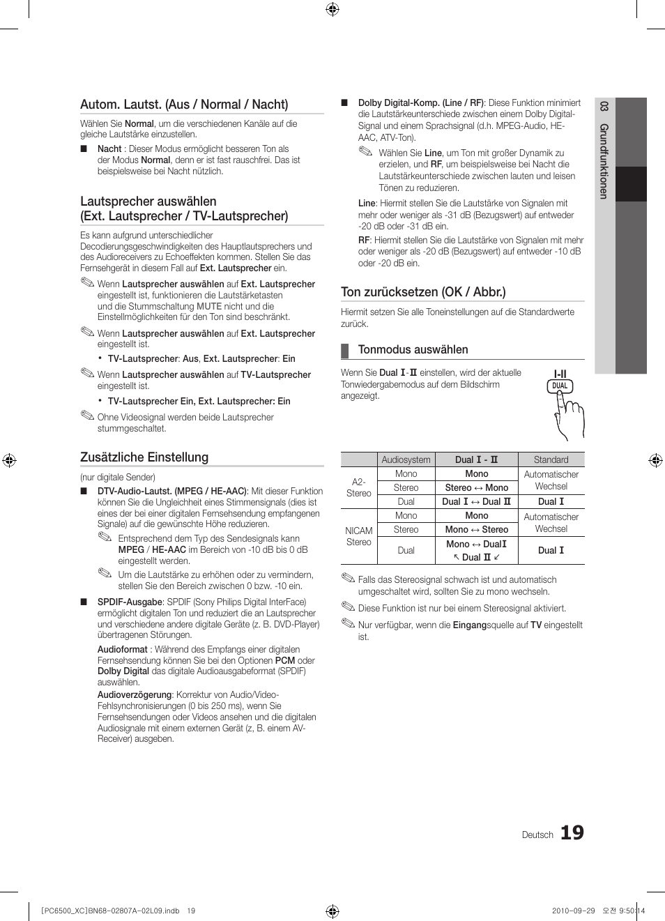 Autom. lautst. (aus / normal / nacht), Zusätzliche einstellung, Ton zurücksetzen (ok / abbr.) | Samsung PS50C6500TW User Manual | Page 129 / 499
