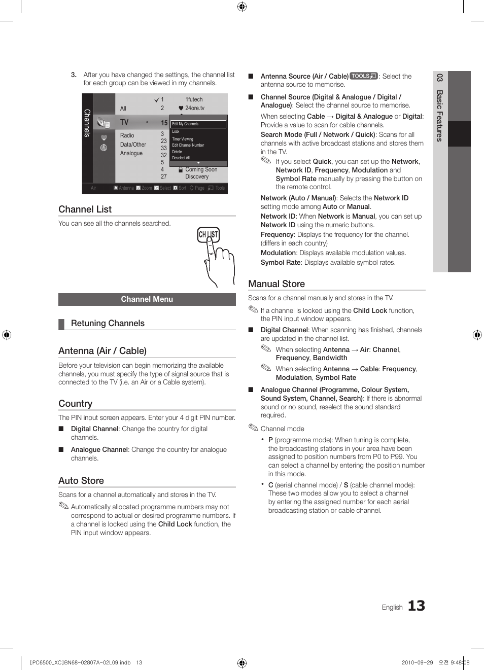 Channel list, Antenna (air / cable), Country | Auto store, Manual store | Samsung PS50C6500TW User Manual | Page 13 / 499