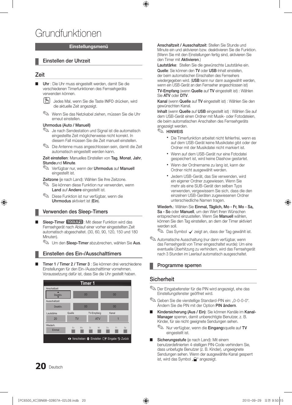 Grundfunktionen, Zeit, Sicherheit | Samsung PS50C6500TW User Manual | Page 130 / 499