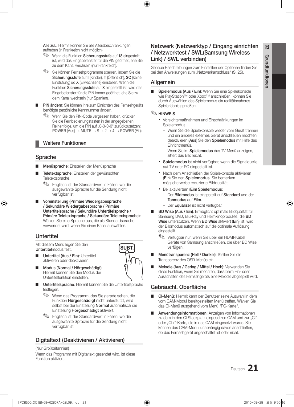 Sprache, Untertitel, Digitaltext (deaktivieren / aktivieren) | Allgemein, Gebräuchl. oberfläche | Samsung PS50C6500TW User Manual | Page 131 / 499