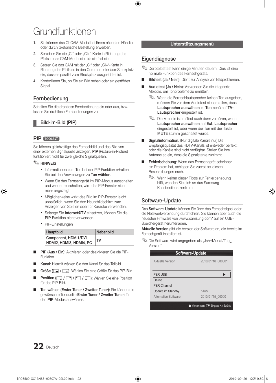 Grundfunktionen, Fernbedienung, Eigendiagnose | Software-update | Samsung PS50C6500TW User Manual | Page 132 / 499