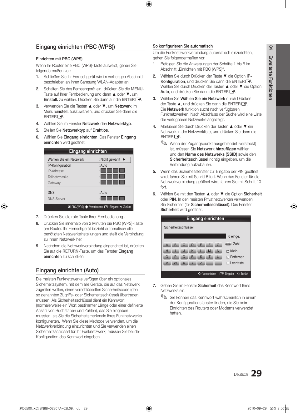 Eingang einrichten (pbc (wps)), Eingang einrichten (auto) | Samsung PS50C6500TW User Manual | Page 139 / 499