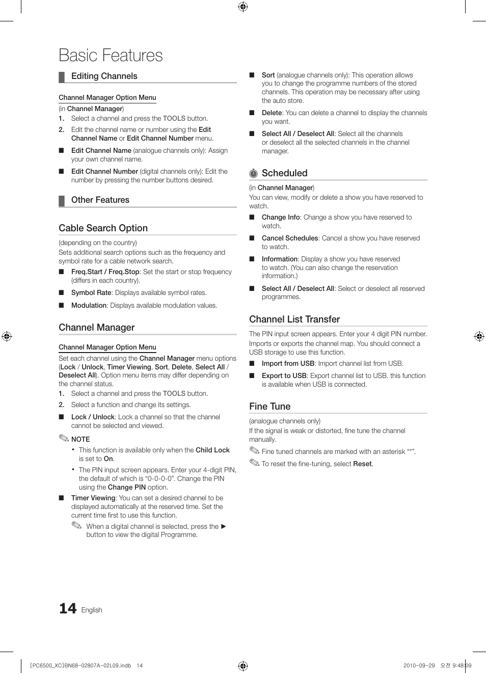 Basic features, Cable search option, Channel manager | Scheduled, Channel list transfer, Fine tune | Samsung PS50C6500TW User Manual | Page 14 / 499