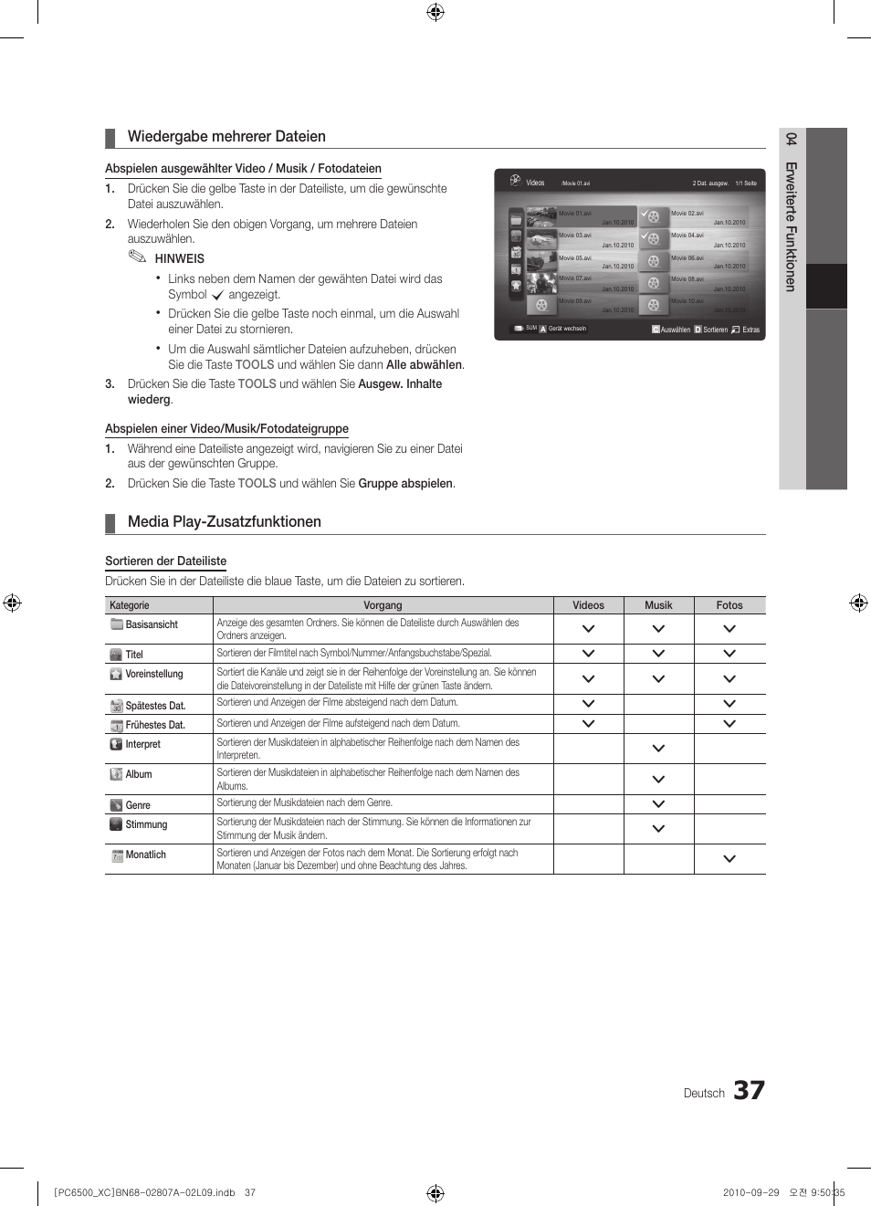 Wiedergabe mehrerer dateien, Media play-zusatzfunktionen | Samsung PS50C6500TW User Manual | Page 147 / 499