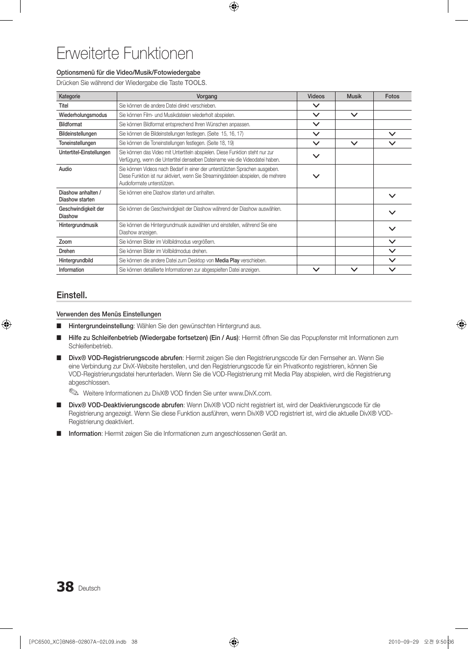 Erweiterte funktionen, Einstell | Samsung PS50C6500TW User Manual | Page 148 / 499