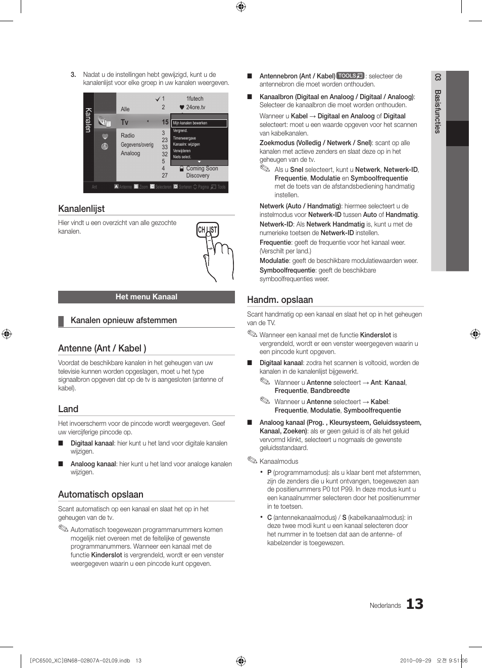 Kanalenlijst, Antenne (ant / kabel ), Land | Automatisch opslaan, Handm. opslaan | Samsung PS50C6500TW User Manual | Page 178 / 499