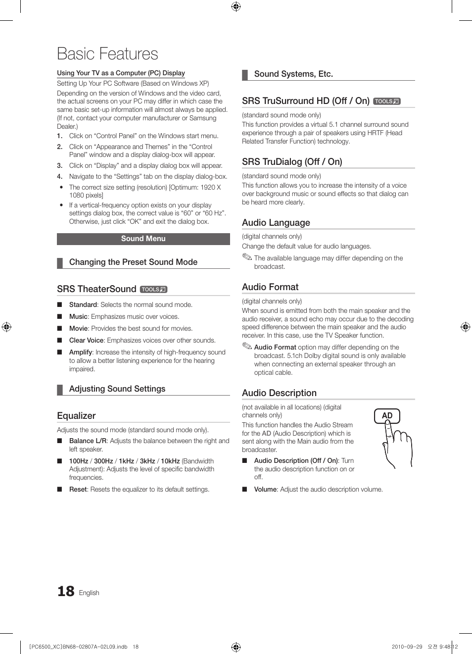 Basic features, Srs theatersound, Equalizer | Srs trusurround hd (off / on), Srs trudialog (off / on), Audio language, Audio format, Audio description | Samsung PS50C6500TW User Manual | Page 18 / 499