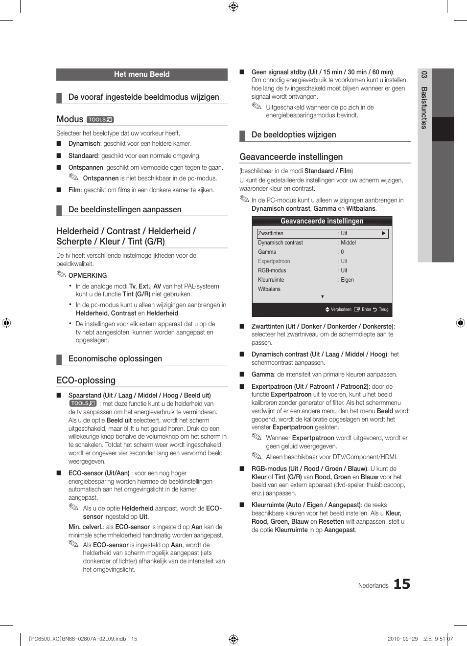 Modus, Eco-oplossing, Geavanceerde instellingen | Samsung PS50C6500TW User Manual | Page 180 / 499